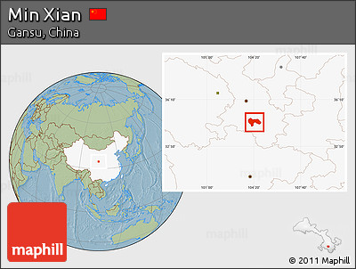 Savanna Style Location Map of Min Xian, highlighted country, hill shading