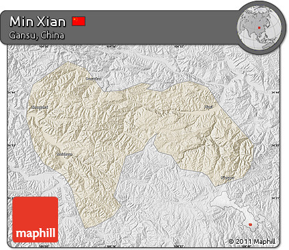 Shaded Relief Map of Min Xian, lighten, desaturated