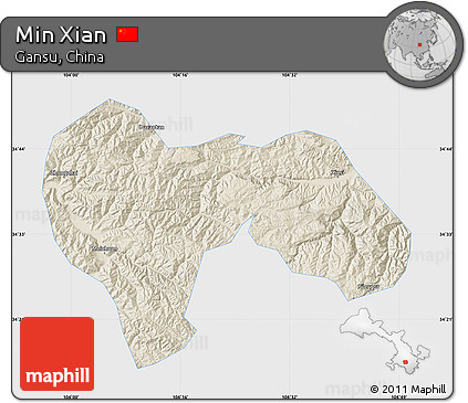 Shaded Relief Map of Min Xian, single color outside