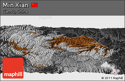 Physical Panoramic Map of Min Xian, darken, desaturated