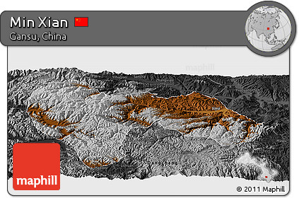 Physical Panoramic Map of Min Xian, darken, desaturated