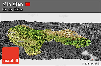 Satellite Panoramic Map of Min Xian, darken, desaturated
