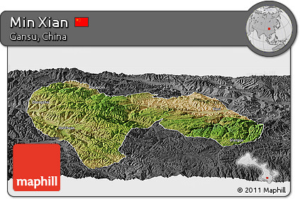 Satellite Panoramic Map of Min Xian, darken, desaturated