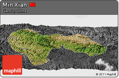Satellite Panoramic Map of Min Xian, darken, desaturated