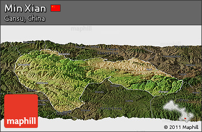 Satellite Panoramic Map of Min Xian, darken