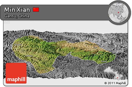 Satellite Panoramic Map of Min Xian, desaturated