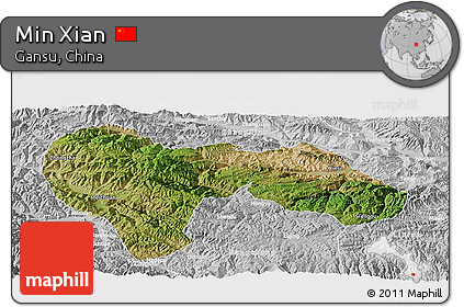 Satellite Panoramic Map of Min Xian, lighten, desaturated