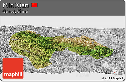Satellite Panoramic Map of Min Xian, lighten, desaturated
