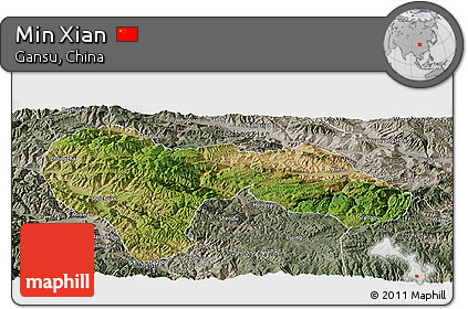 Satellite Panoramic Map of Min Xian, semi-desaturated