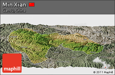 Satellite Panoramic Map of Min Xian, semi-desaturated
