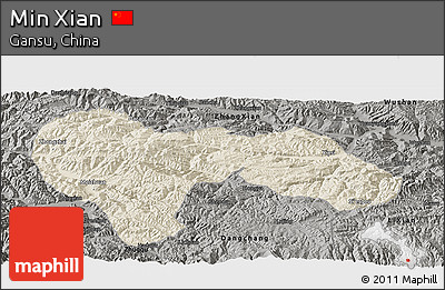Shaded Relief Panoramic Map of Min Xian, darken, semi-desaturated