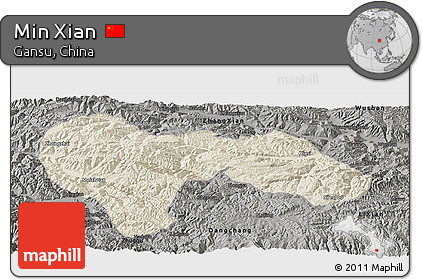 Shaded Relief Panoramic Map of Min Xian, darken, semi-desaturated