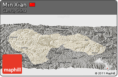 Shaded Relief Panoramic Map of Min Xian, darken, semi-desaturated