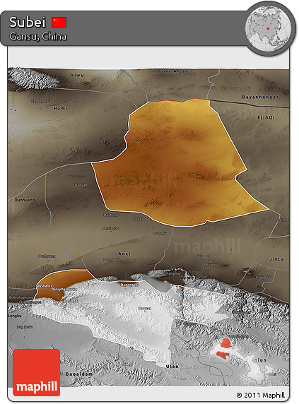 Physical 3D Map of Subei, darken, semi-desaturated