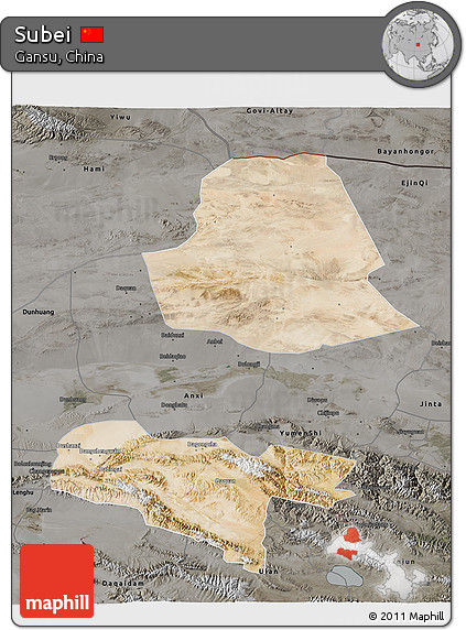 Satellite 3D Map of Subei, darken, semi-desaturated