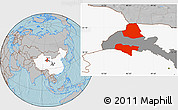 Gray Location Map of Subei, highlighted country, highlighted parent region, hill shading