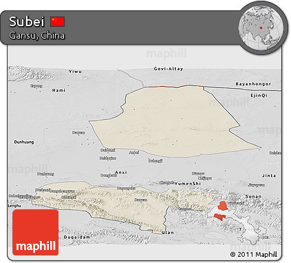 Shaded Relief Panoramic Map of Subei, desaturated