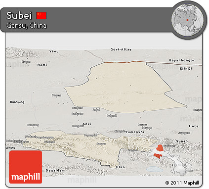Shaded Relief Panoramic Map of Subei, semi-desaturated