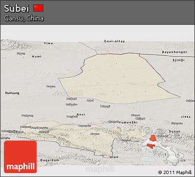 Shaded Relief Panoramic Map of Subei, semi-desaturated