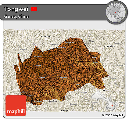 Physical 3D Map of Tongwei, shaded relief outside