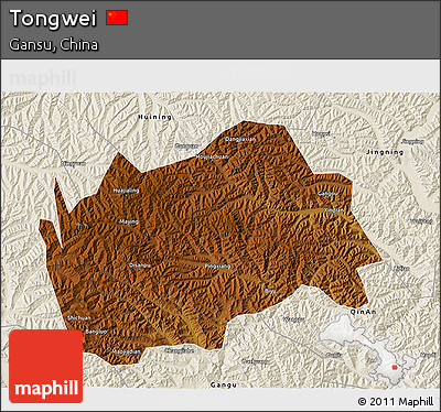 Physical 3D Map of Tongwei, shaded relief outside