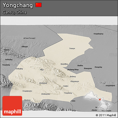 Shaded Relief 3D Map of Yongchang, darken, desaturated