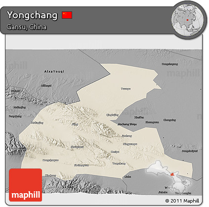 Shaded Relief 3D Map of Yongchang, darken, desaturated