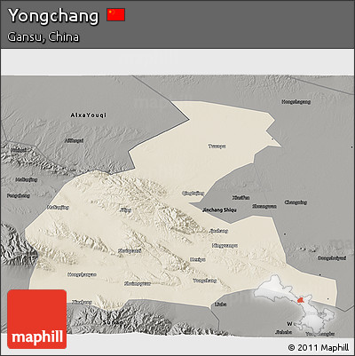 Shaded Relief 3D Map of Yongchang, darken, semi-desaturated
