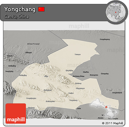 Shaded Relief 3D Map of Yongchang, darken, semi-desaturated