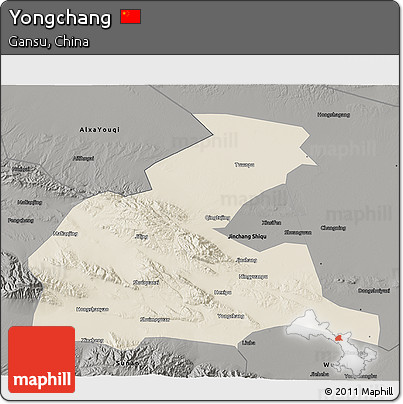 Shaded Relief 3D Map of Yongchang, darken, semi-desaturated