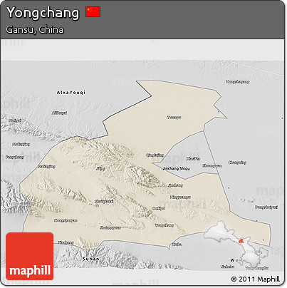 Shaded Relief 3D Map of Yongchang, desaturated
