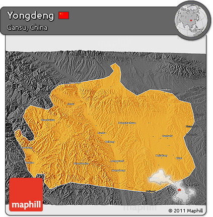 Political 3D Map of Yongdeng, darken, desaturated