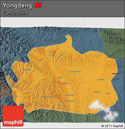 Political 3D Map of Yongdeng, darken, semi-desaturated