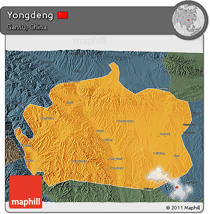Political 3D Map of Yongdeng, darken, semi-desaturated