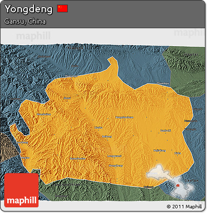 Political 3D Map of Yongdeng, darken, semi-desaturated