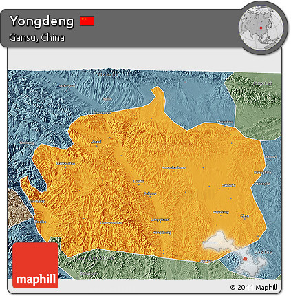 Political 3D Map of Yongdeng, semi-desaturated