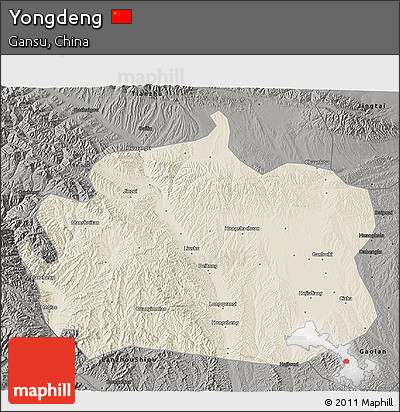 Shaded Relief 3D Map of Yongdeng, darken, semi-desaturated