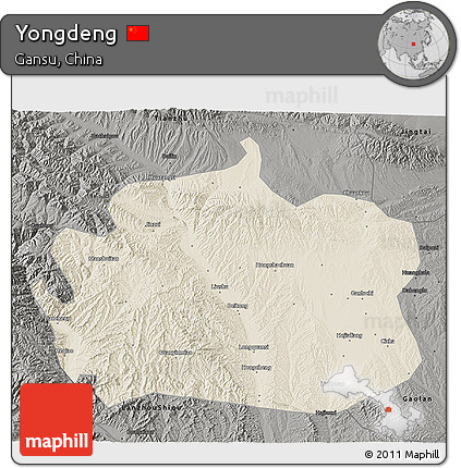 Shaded Relief 3D Map of Yongdeng, darken, semi-desaturated