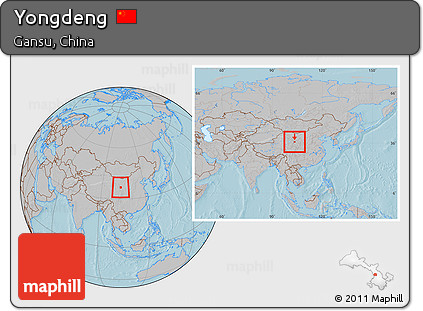 Gray Location Map of Yongdeng, within the entire country, hill shading