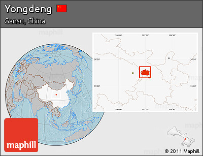 Gray Location Map of Yongdeng, highlighted country, hill shading