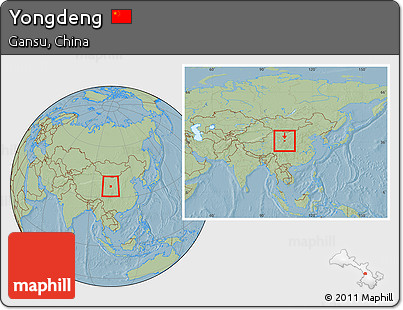 Savanna Style Location Map of Yongdeng, within the entire country, hill shading