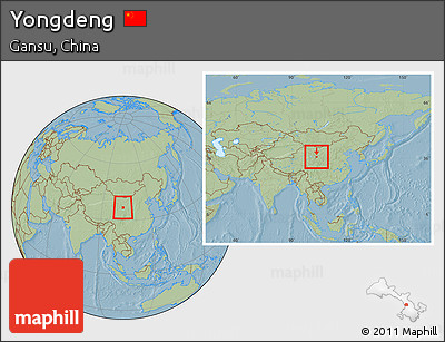 Savanna Style Location Map of Yongdeng, within the entire country, hill shading