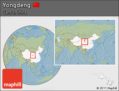 Savanna Style Location Map of Yongdeng, highlighted country, within the entire country, hill shading