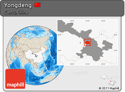 Shaded Relief Location Map of Yongdeng, highlighted country, highlighted parent region