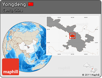 Shaded Relief Location Map of Yongdeng, highlighted country, highlighted parent region