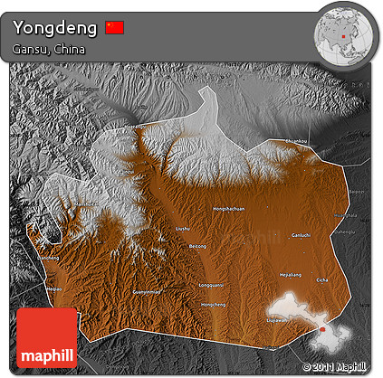 Physical Map of Yongdeng, darken, desaturated