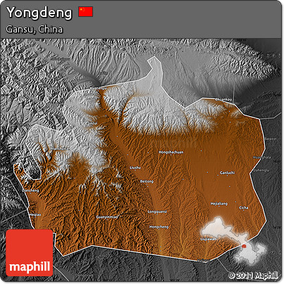 Physical Map of Yongdeng, darken, desaturated