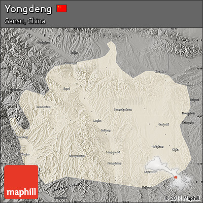 Shaded Relief Map of Yongdeng, darken, semi-desaturated