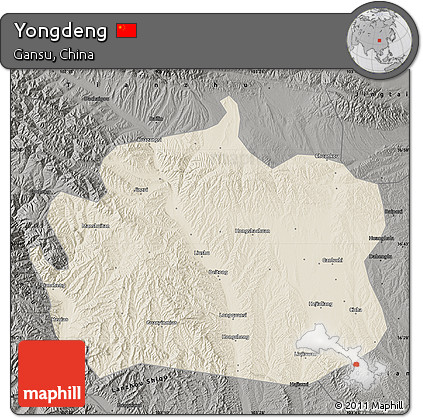 Shaded Relief Map of Yongdeng, darken, semi-desaturated