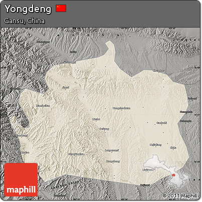 Shaded Relief Map of Yongdeng, darken, semi-desaturated